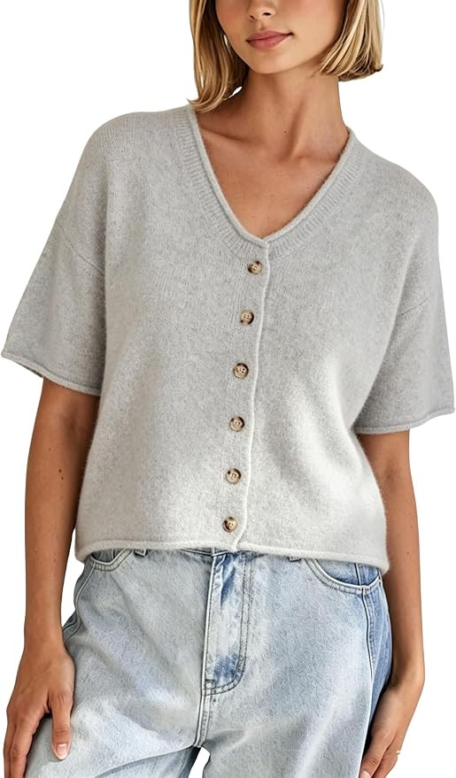 Xiaoxuemeng Women's Cropped Cardigan Short Sleeve Button Down Sweater Top | V Neck Lightweight Kn... | Amazon (US)