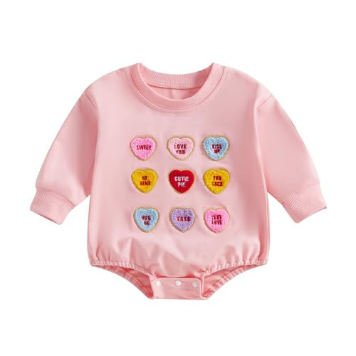 Baby Boy Girl Valentines Outfit Mama's Little Love Sweatshirt Romper Oversized Long Sleeve Bubble Onesie Clothes (Pink Embroidery, 6-12 Months) | Amazon (US)