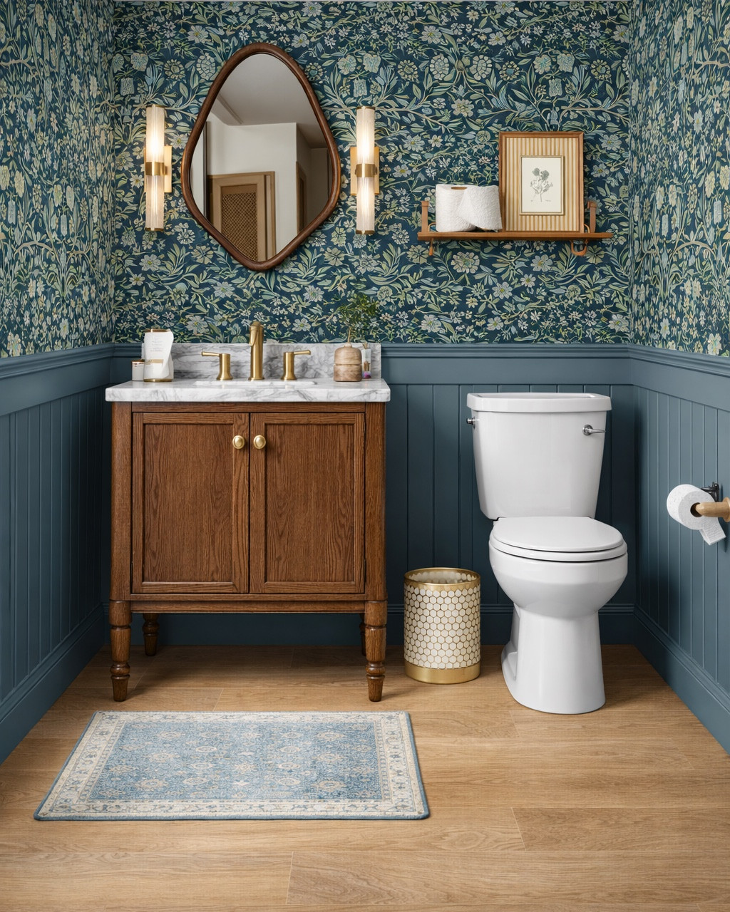 Half bathroom mood board! Powder room design inspiration. Bathroom vanity, bath rug, curvy mirror, wall sconces, Kohler faucet, affordable Walmart wall art. #halfbath #homedecor #bathroominspiration

#LTKSeasonal #LTKHome