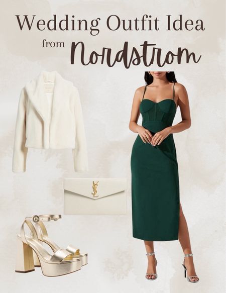 Nordstrom wedding outfit idea. 

Strappy corset dress, faux fur coat, gold platform heels, ysl clutch

#LTKparties #LTKwedding #LTKstyletip