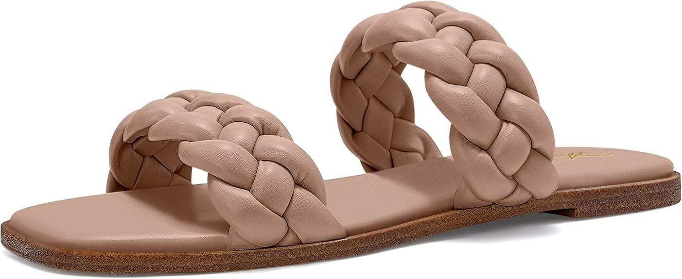 Athlefit Women's Square Open Toe Braided Sandals Slip On Low Block Heel Slide Sandals | Amazon (US)