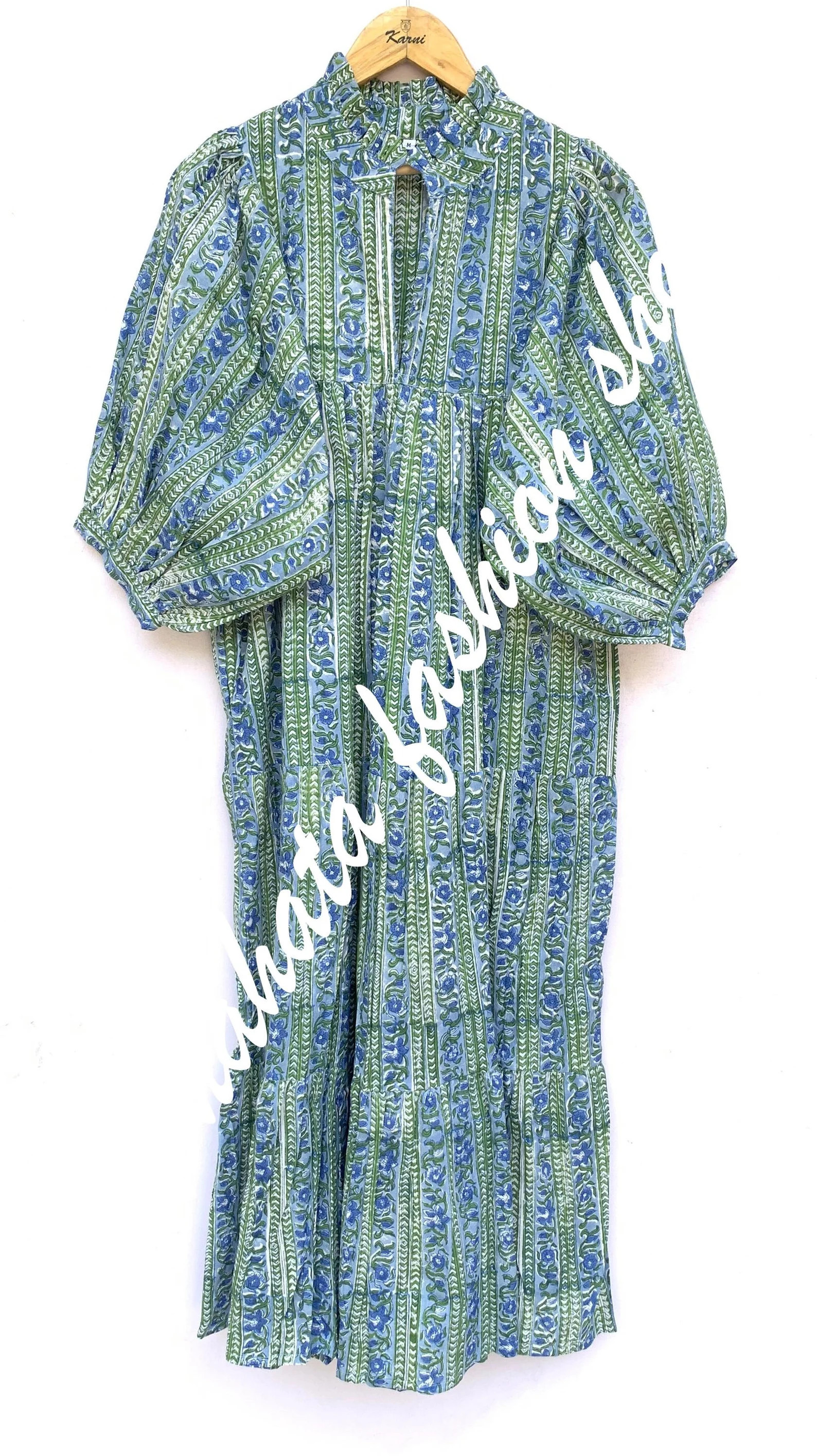 Indian Green-blue Floral Hand Block Printed Women's Maxi Dress - Frill Collar With Belt Cotton Lo... | Etsy (US)