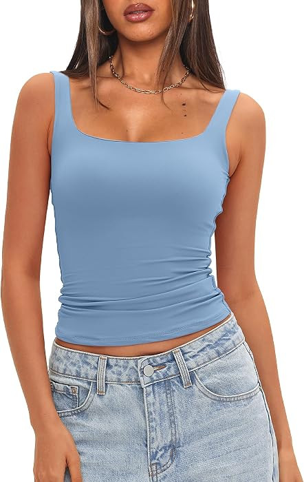 Darong Women's Padded Square Neck Tank Tops Built in Bra Summer Double Layer Basic Sleeveless Tan... | Amazon (US)