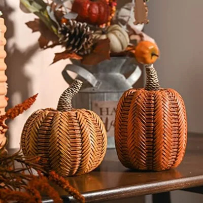 Thanksgiving Fall Decoration For Home Pumpkin Decor, 2Pcs Resin Statue Artificial Rattan Pumpkins Figurine, Autumn Harvest Halloween Table Centerpiece | Wayfair North America