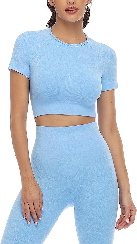 2 Piece Short Sleeve Outfits for Women Seamless Crop Tops Set for Women Workout Set | Amazon (US)
