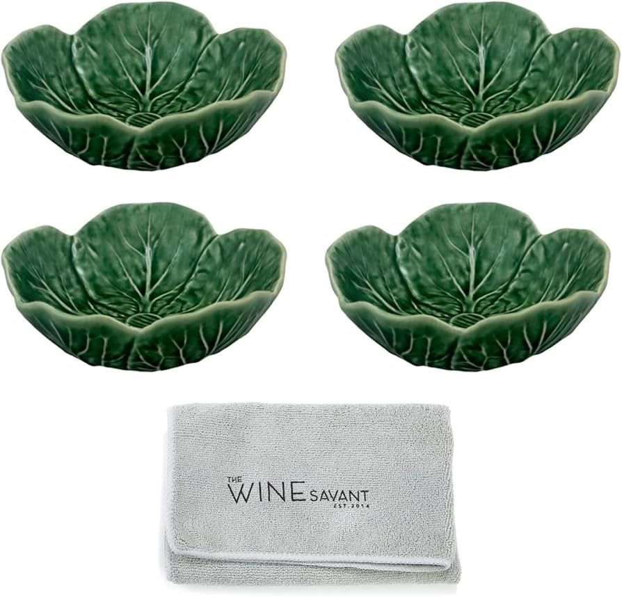 Bordallo Pinheiro Cabbage Bowl Green Set of 4 with Wine Savant Cleaning Towel Bundle Kitchen Bowl... | Amazon (US)