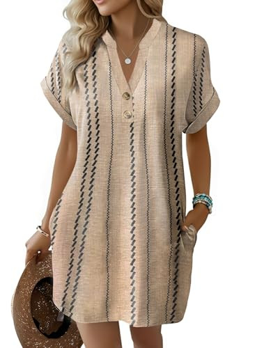 Summer Dresses for Women 2026 Button V Neck Striped T Shirts Dress Trendy Basic Outfits | Amazon (US)