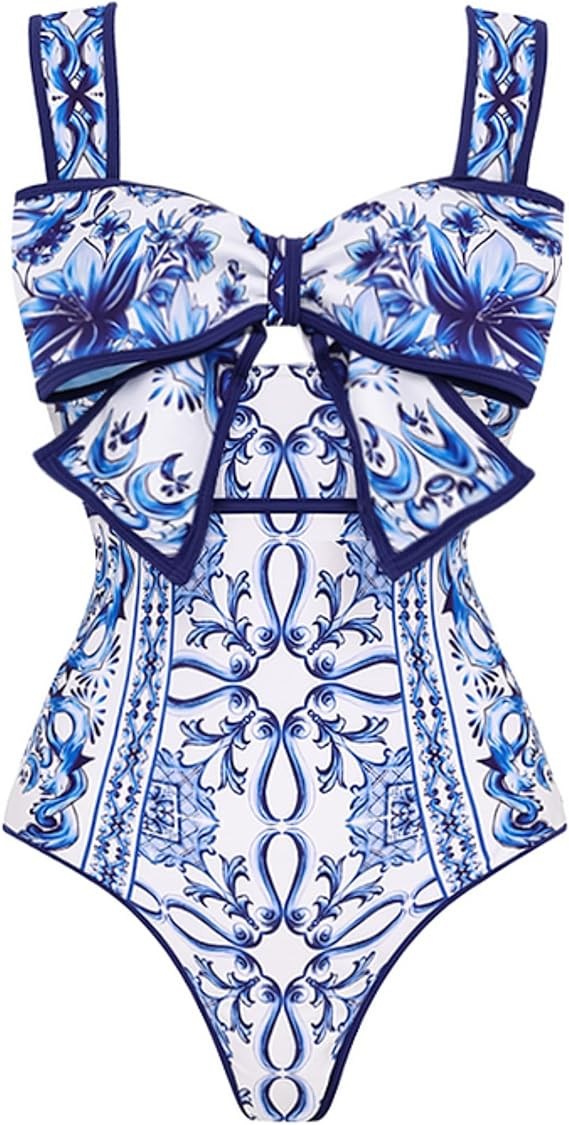 FLAXMAKER Women's One Piece Celadon Bow Bathing Suit Celadon Print Swimsuit and Skirt | Amazon (US)