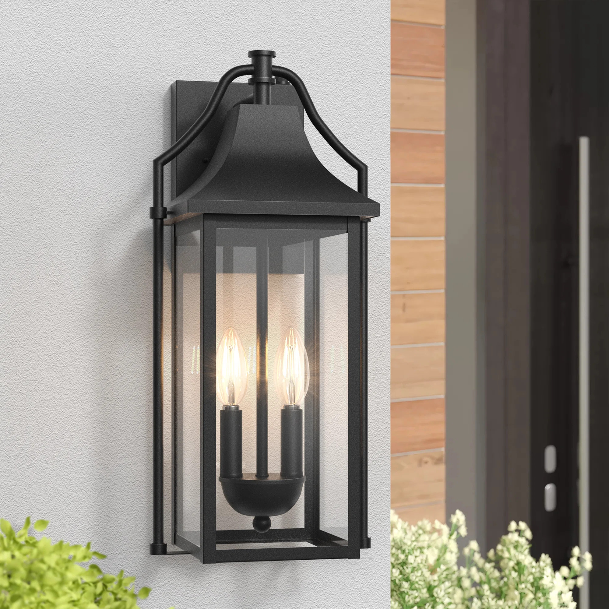 Alvester 2 - Light 18''H Black Iron Tempered Glass ETL Outdoor Wall Lantern with Dusk to Dawn | Wayfair North America