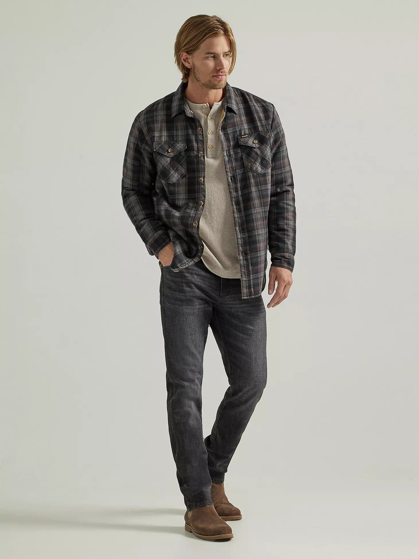 Men's Heavyweight Sherpa Lined Plaid Shirt Jacket in Raven Black | Wrangler