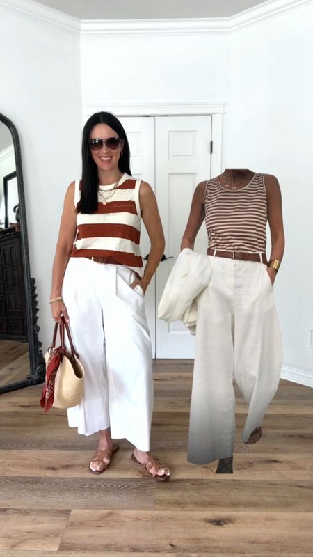 Easily one of my favorite Pinterest recreations. An effortless summer outfit!

Sizing:
White wide-leg pants-Banana Republic Factory, wearing small
Striped tank-Evereve, wearing medium 

Summer outfit | casual outfit | sandals | straw tote | 

#LTKStyleTip #LTKFindsUnder50 #LTKOver40