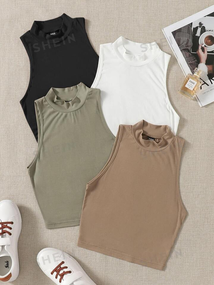 SHEIN EZwear 4pcs Solid Mock Neck Tank Top | SHEIN