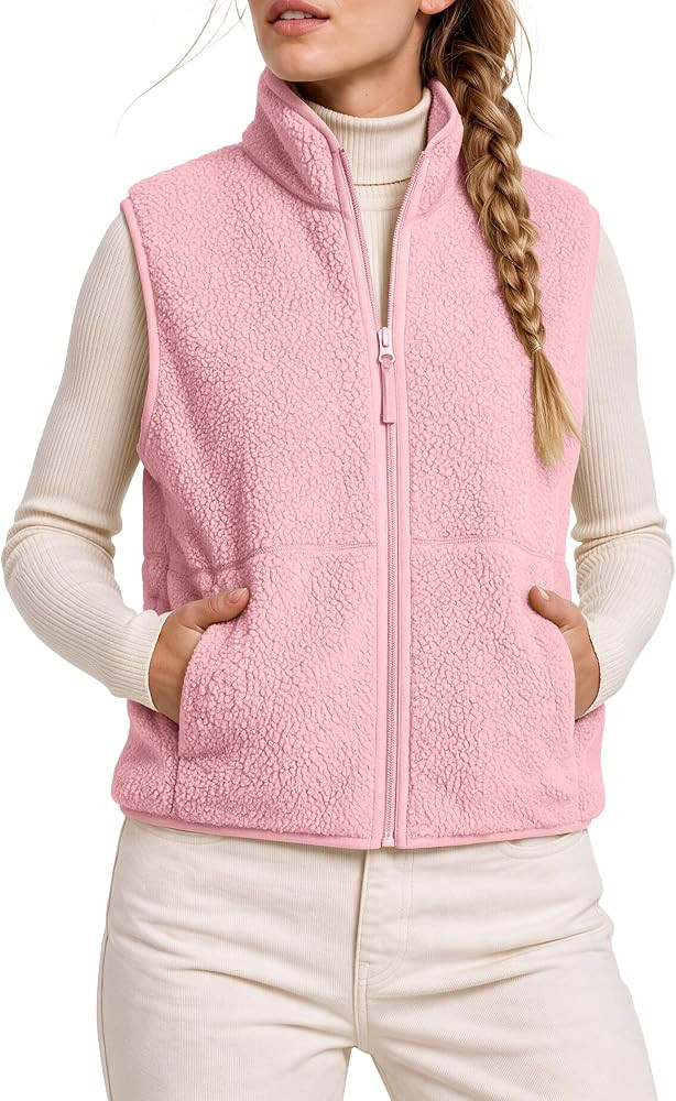Locachy Women's Lightweight Sherpa Fleece Warm Winter Vest Cute Casual Zip Up Stand Collar Gilet ... | Amazon (US)