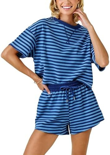 Colorful world Two Piece Sets for Women Striped Shorts Sets Short Sleeve Crew Neck Tops High Wais... | Amazon (US)