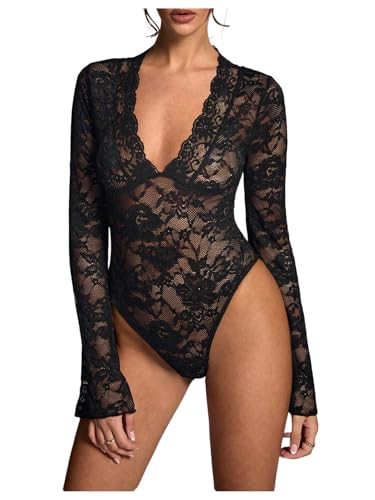 OYOANGLE Women's Mesh Sheer Floral Lace Bodysuits Deep V Neck Bell Long Sleeves Leotards Bodysuit... | Amazon (US)