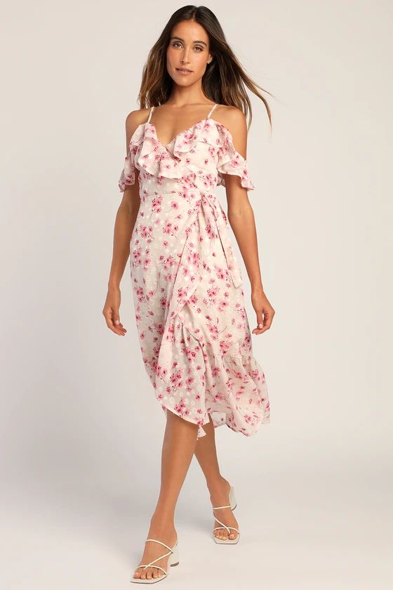 Bright Weather Blush Floral Jacquard Cold-Shoulder Wrap Dress | Lulus (US)