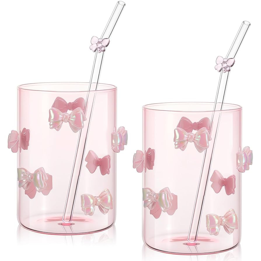 Skylety Set of 2 Coquette Aesthetic Bow Glass Cups with Straws 20 oz Reusable Pink Bow Glass Tumb... | Amazon (CA)