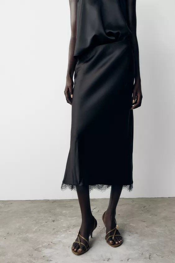 SATIN MIDI LACE SKIRT | Zara UK