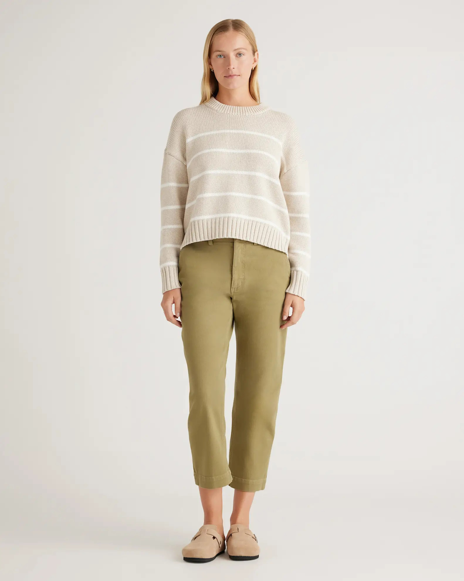 100% Organic Cotton Striped Crew Sweater in Speckled Beige/Ivory | Quince