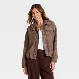 Women's Plaid Funnel Neck Field Jacket - A New Day\u2122 Brown XS | Target