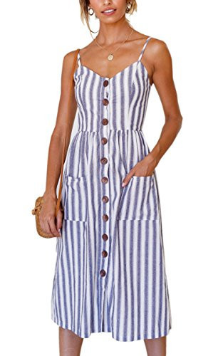 Angashion Women's Dresses-Summer Floral Bohemian Spaghetti Strap Button Down Swing Midi Dress Blue Striped M | Amazon (US)