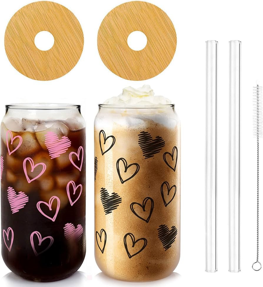 Iced Coffee Cups, 20 OZ Hearts Cup Beer Glass, Love Can Couple Drinking Glasses, Glass Cups with ... | Amazon (US)