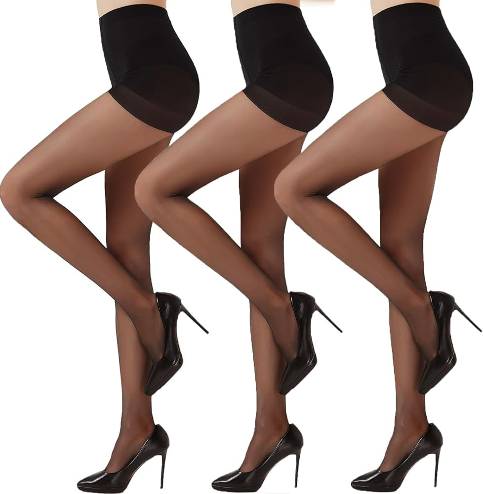 Citystl 3 Pairs Black Sheer Tights for Women - 20D Not Rip Control Top Pantyhose with Reinforced ... | Amazon (US)