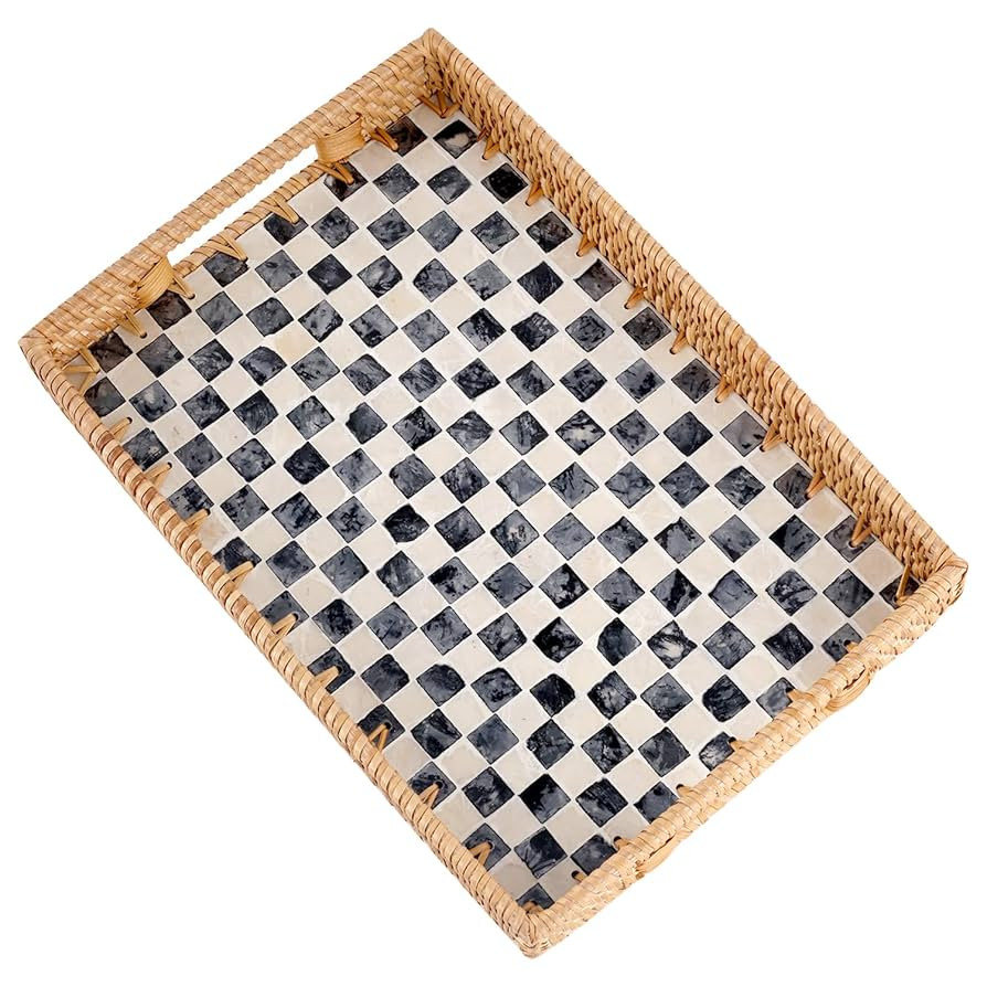 Rectangle Rattan Tray with Mother of Pearl Inlay, Rattan Serving Tray with Handle for Coffee, Bre... | Amazon (US)