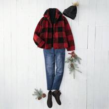 EMERY ROSE Plus Size Women's Sherpa Fleece Jacket Fuzzy Red & Black Plaid Coats,For Fall & Winter,Christmas | SHEIN