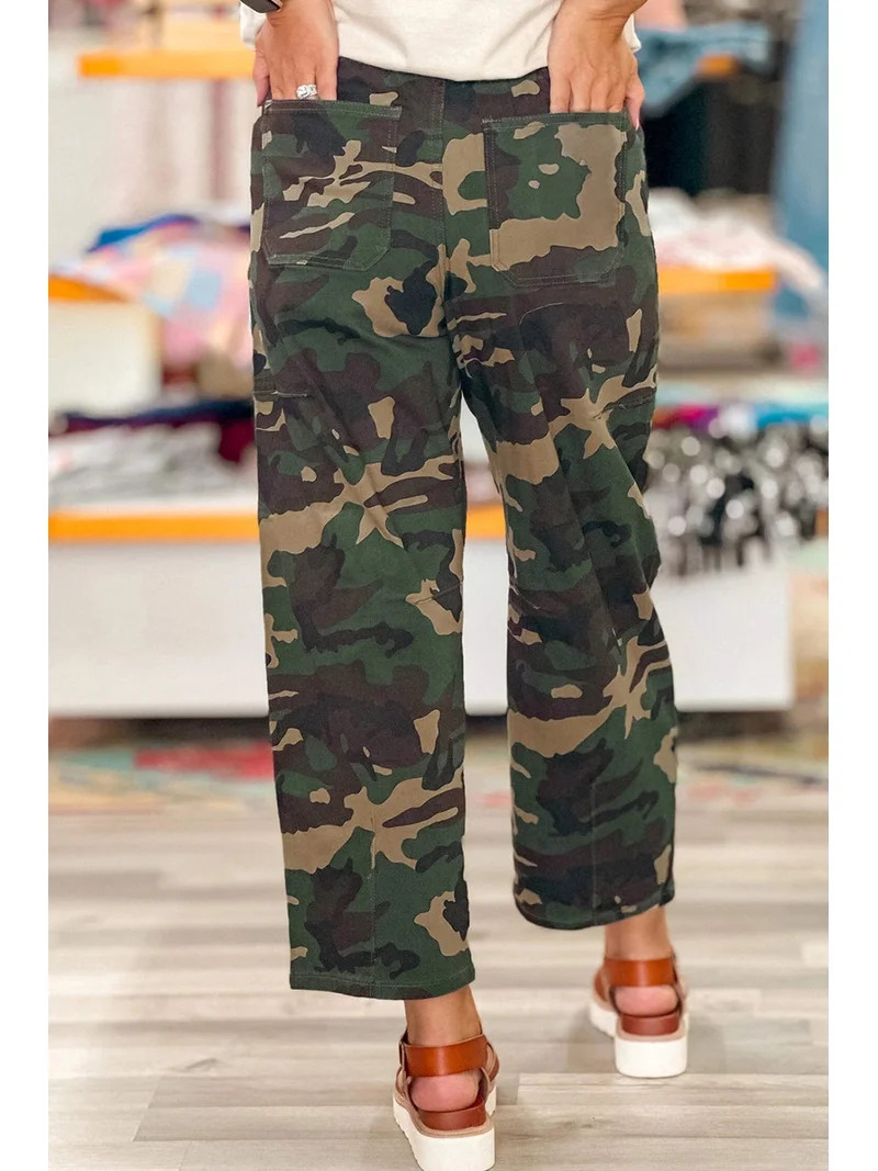 I AM A FASHION JUNKY Green Camouflage Print Drawstring Patch Pocket Barrel Jeans | Walmart (US)
