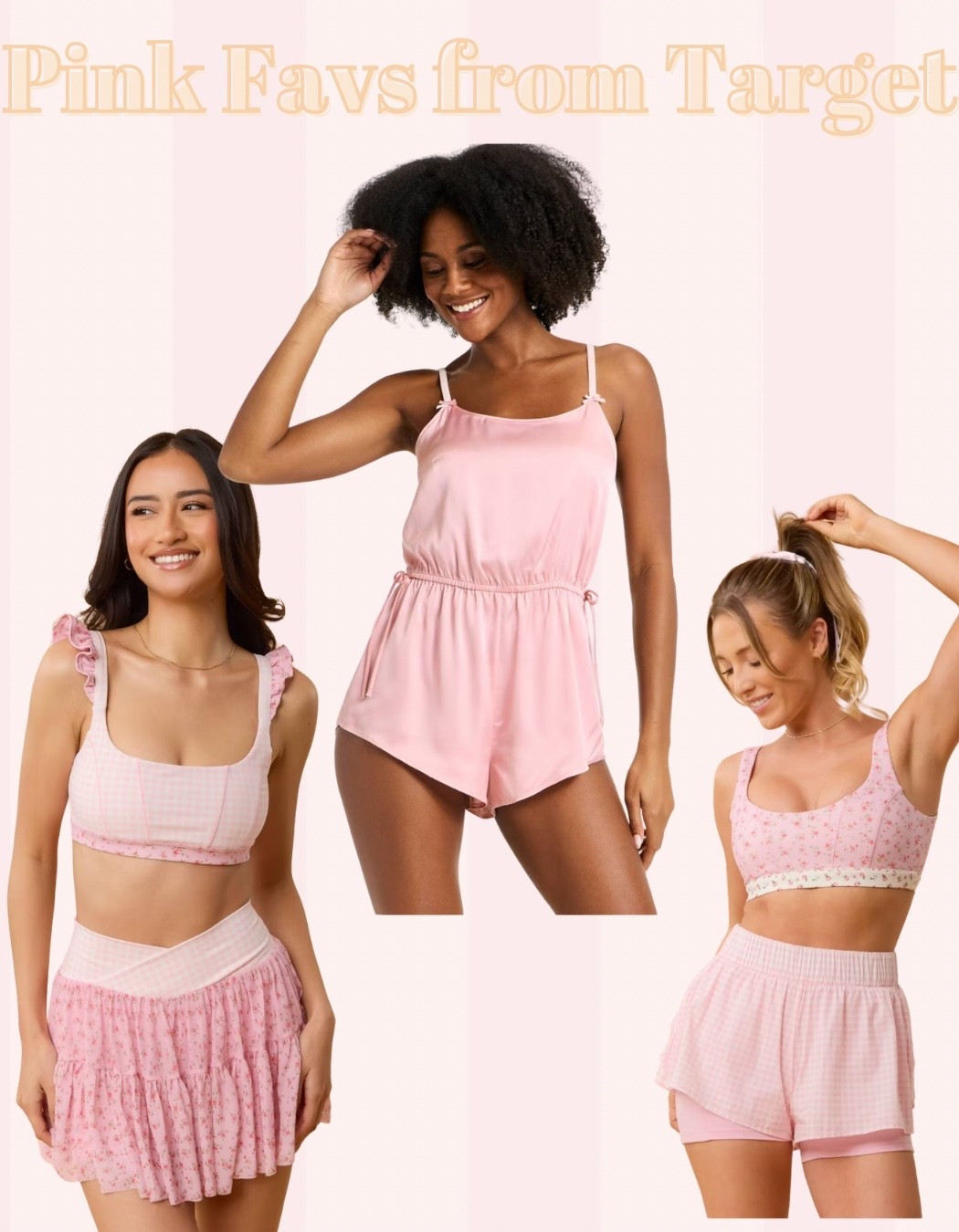 Soft, feminine lounge sets in blush and ballet pink tones featuring delicate florals, subtle gingham prints, and airy silhouettes. Flowy camisole rompers with dainty straps and cinched waists pair alongside ruffled bralettes, tiered skirts, and lightweight boxer-style shorts layered over fitted bottoms. The look blends sweet, romantic details with relaxed comfort—ruffles, elastic waistbands, and breathable fabrics designed for cozy, effortless style.
#PinkLounge #SoftGirlStyle #BlushTones #RomanticDetails #CozyChic #LoungewearSet #FeminineStyle #PastelVibes #FloralPrint #GinghamStyle #RelaxedFit #ComfyCute #TargetFinds #SpringLounge #PrettyInPink
