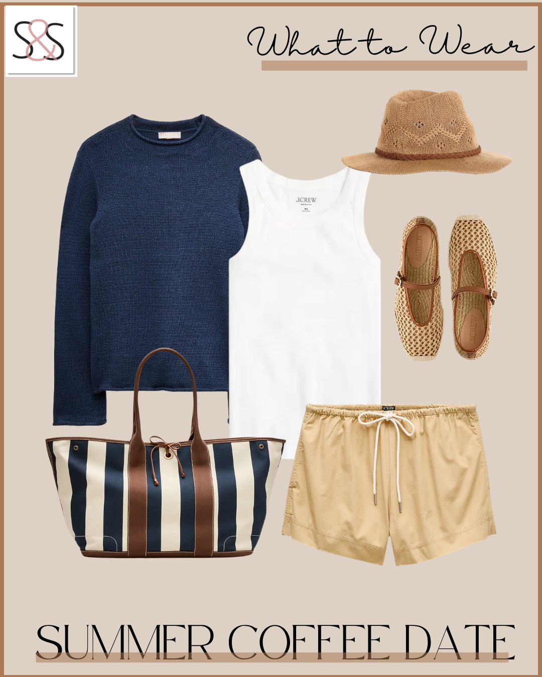 I'm taking my coffee dates seriously this season with pieces that work from morning meetings to afternoon catchups.

summer outfit ideas coffee date looks casual meeting style comfortable flats navy sweater striped tote bag woven shoes khaki shorts white tank top straw hat weekend outfits relaxed dressing 

 #LTKSeasonal #LTKOver40 #LTKWorkwear