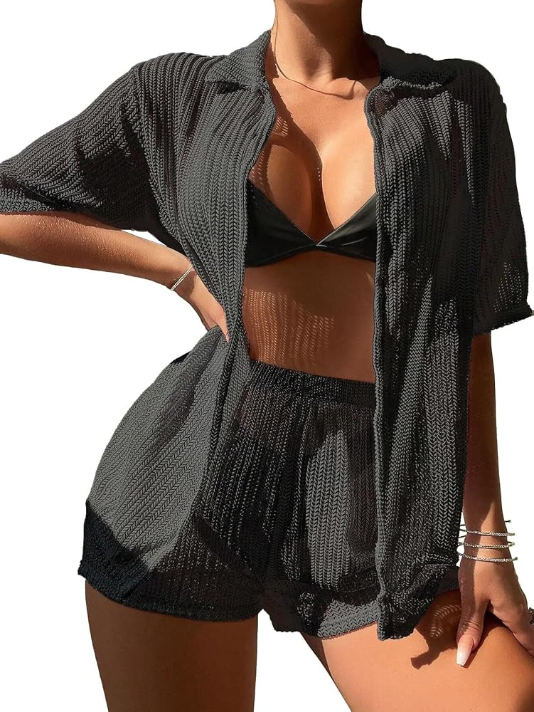 Womens Summer Sexy Crochet 2 Piece Cool and Sunscreen Beach Cover Up Sets Coat and Short Bathing ... | Amazon (US)