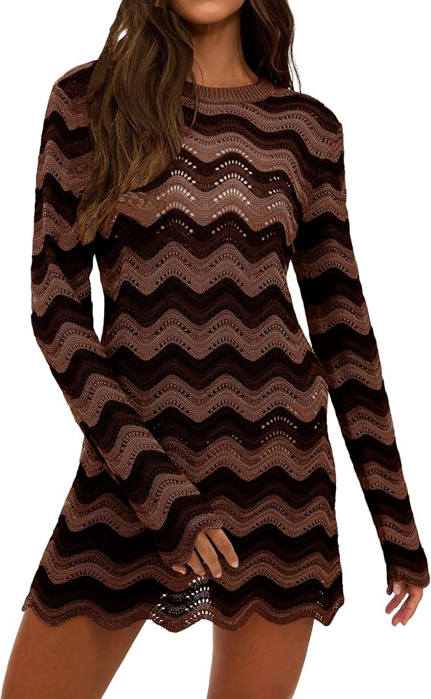 Women's Crochet Colorful Mesh Summer Long Sleeve Cover Ups Casual Striped Beach Wear Knit Mini Dr... | Amazon (US)