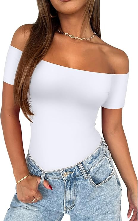 REORIA Women Sexy Off The Shoulder Short Sleeve Backless Basic Double Lined Thong Bodysuit Tops | Amazon (US)