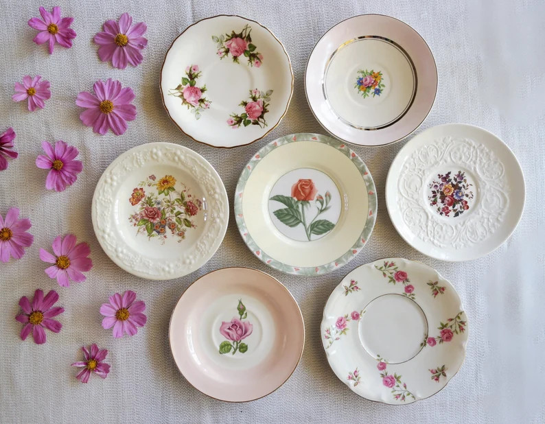 Pink Roses VINTAGE SAUCERS - Mismatched China - English Tea Party - Country Cottage Decor - Red G... | Etsy (US)