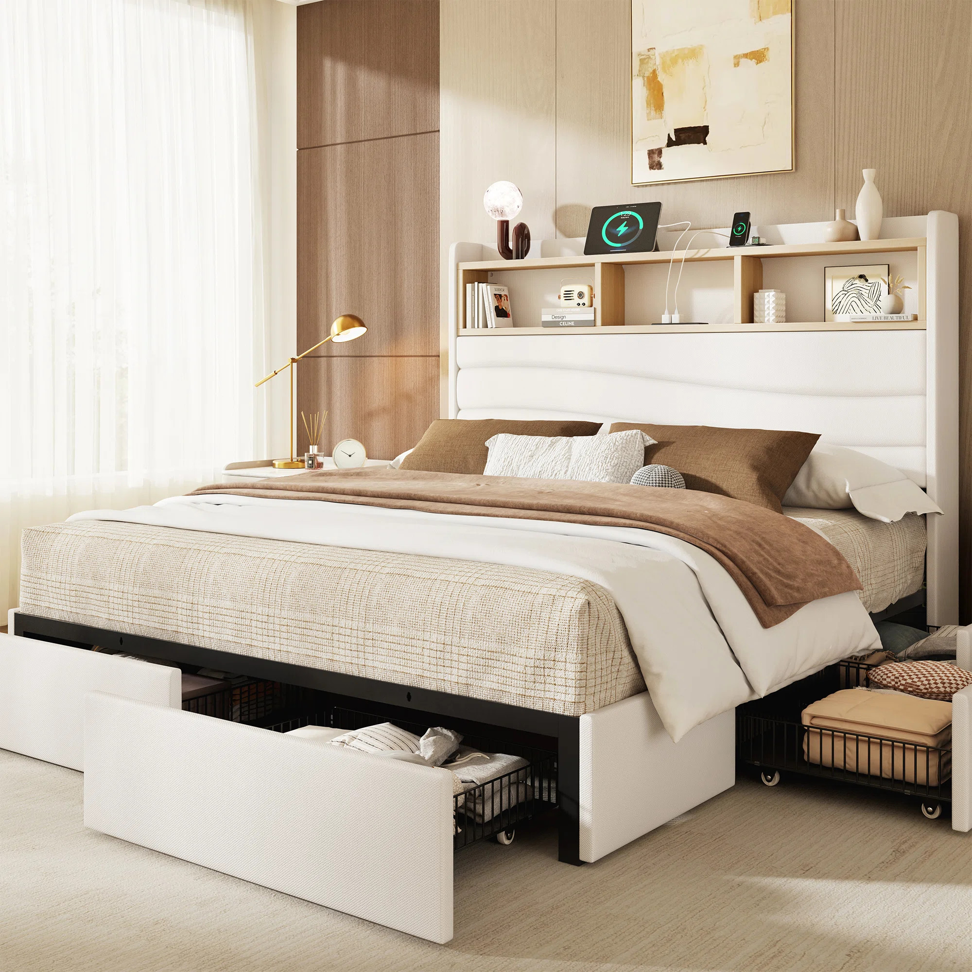 Queen Size Bed with Storage Drawers & Headboard, Upholstered Bed Frame with Charging Station, Whi... | Wayfair North America