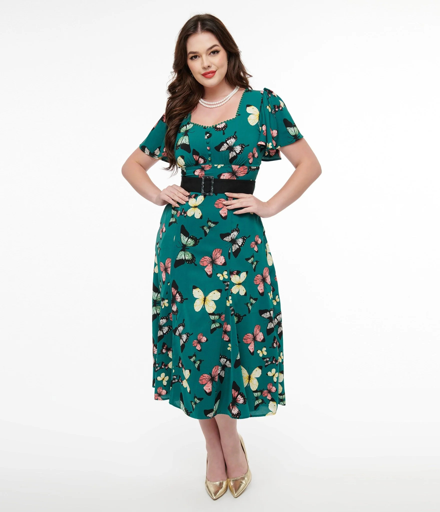 Unique Vintage 1940s Green Butterfly Print Midi Dress | UniqueVintage