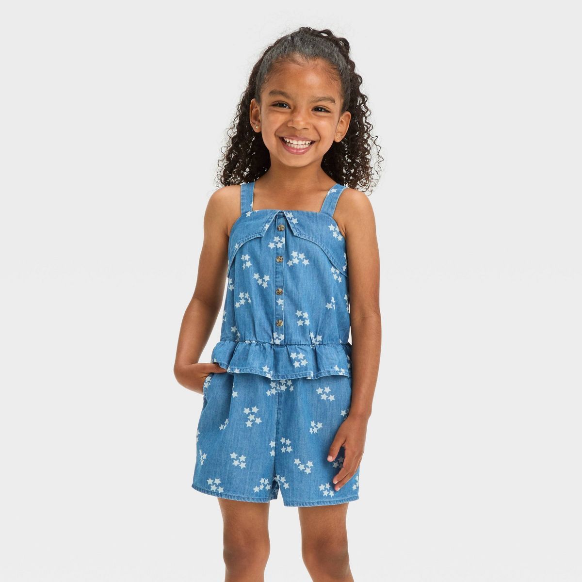 Toddler Girls' Star Denim Romper - Cat & Jack™ Blue | Target