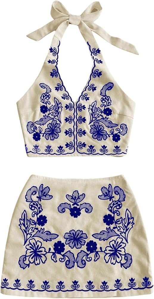 MakeMeChic Women's 2 Piece Outfits Floral Embroidery Halter Tie Open Back Crop Tops and Bodycon S... | Amazon (US)