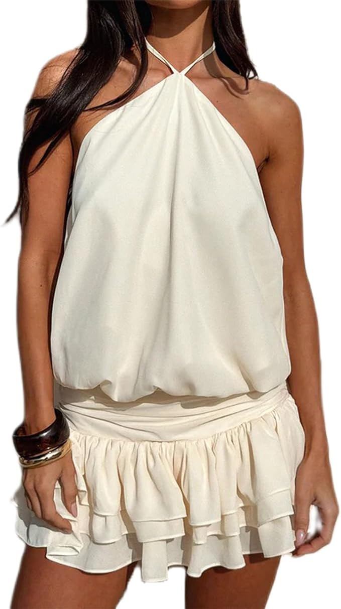 Women's 2025 Summer Halter Dress Sleeveless Open Back Ruffle Tiered Layered Chiffon Pleated A Lin... | Amazon (US)