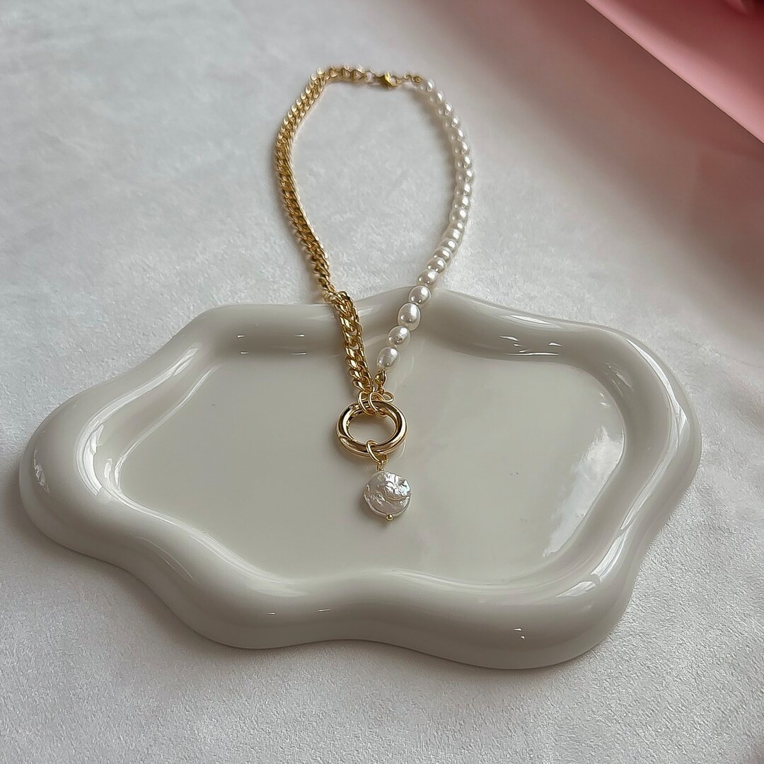 Pearl Chain Necklace, Half Pearl Half Chain, Freshwater Pearl Necklace, Non Tarnish Waterproof, C... | Etsy (US)