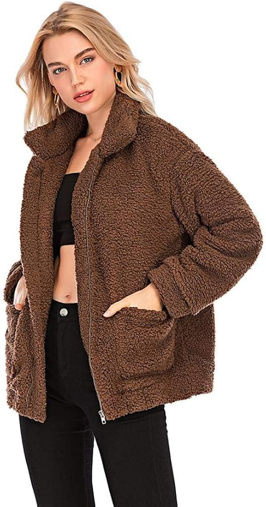XUDREZ Women Coat Cozy Lapel Fleece Fuzzy Faux Shearling Zip Jacket | Amazon (US)