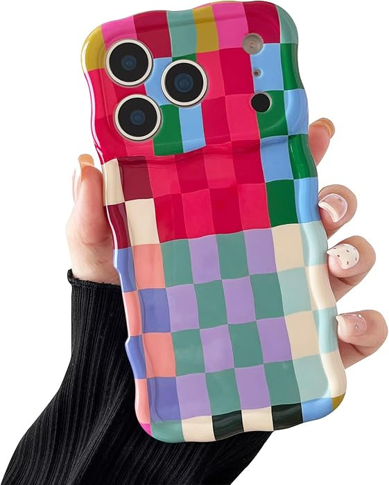 Compatible with iPhone 17 Pro Max Case, Cute Wave Curly Colorful Checkerboard Plaid Pattern Cover... | Amazon (US)