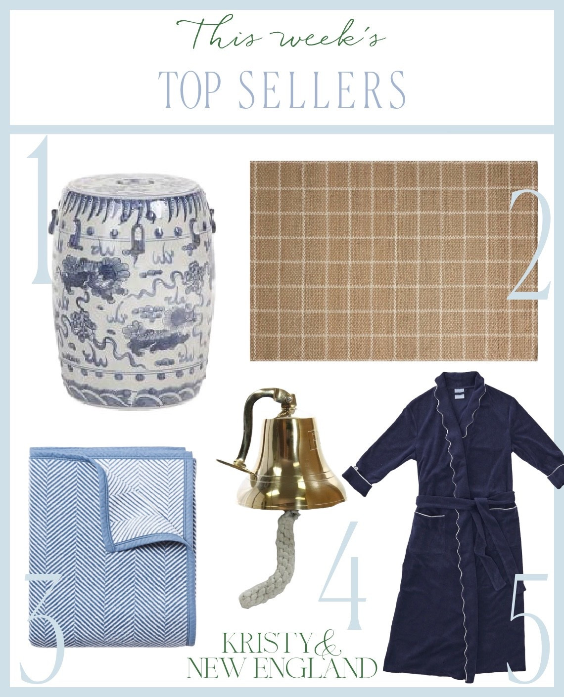 Top sellers of the week: blue & white garden stool, windowpane jute rug, blue herringbone blanket, brass wall mount bell, French terry robe

#LTKHome #LTKOver40