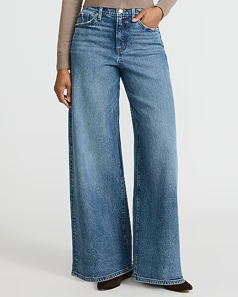 High Waisted Medium Wash Relaxed Wide Leg Jeans | Express