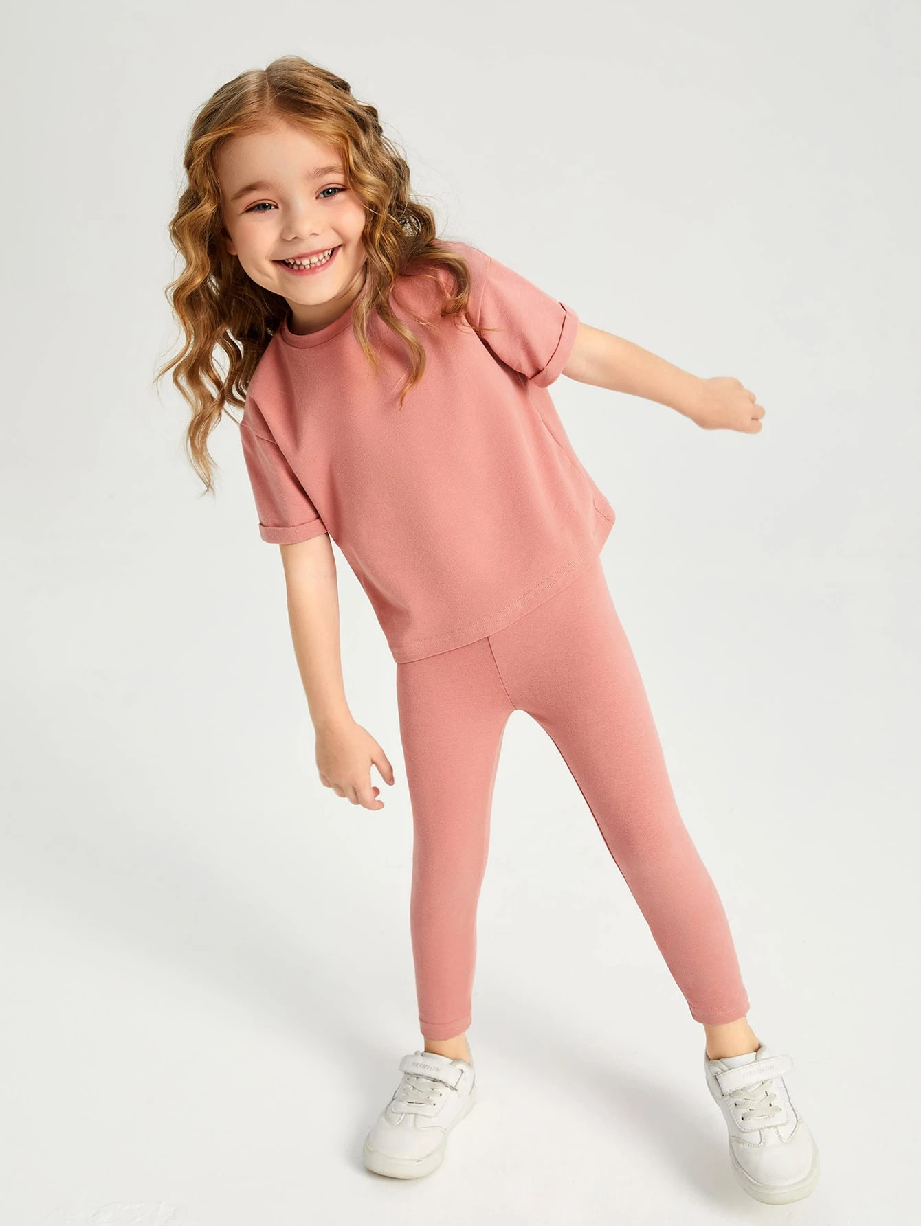 SHEIN BASICS Toddler Girls Solid Roll Up Sleeve Tee & Leggings Set | SHEIN