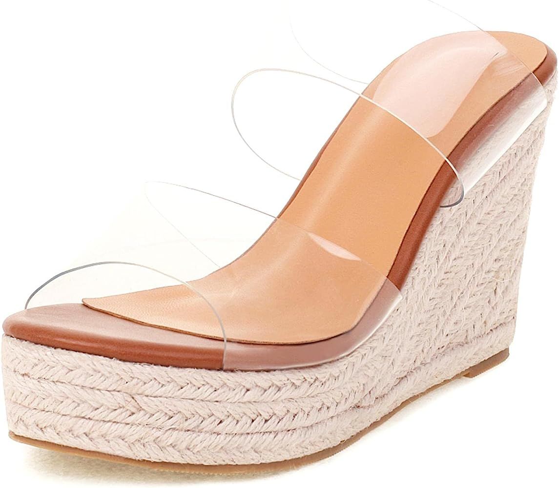 Women Clear Wedge Heel Sandals Slip On Espadrilles Platform Sandals Slide Summer Beach Crystal Mu... | Amazon (US)