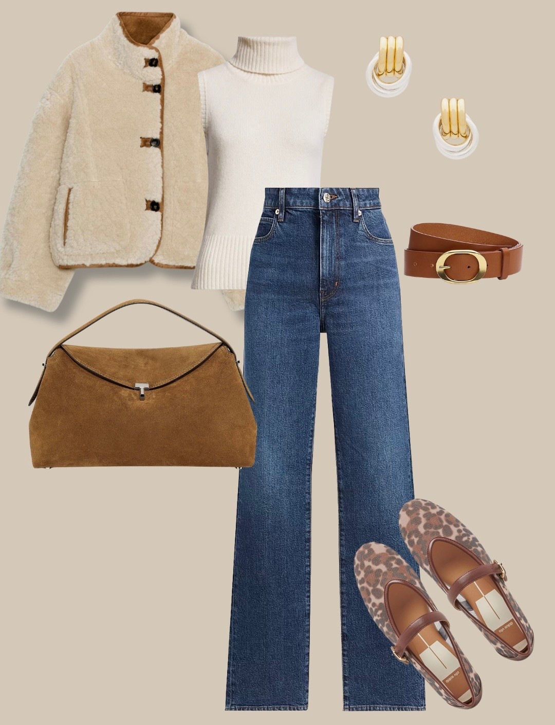 January Outfit - casual chic outfit idea, love the turtleneck sweater tank, reversible Sherpa jacket, suede bag, leopard print Mary Jane flats, leather belt, and accessories 🤎

#LTKU #LTKootd #LTKSeasonal