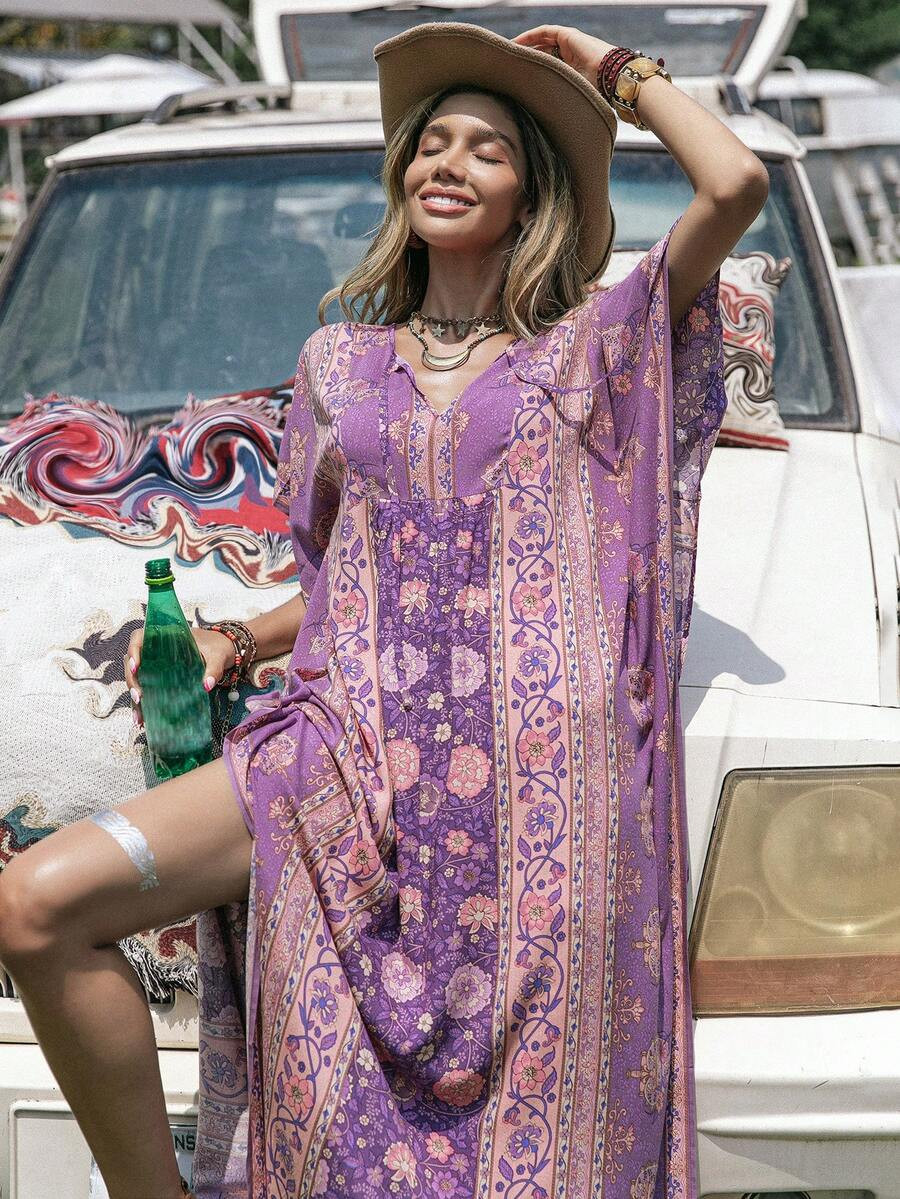 Rusttydustty 1pc Floral Print Tie Neck Batwing Sleeve M-slit Hem Dress | SHEIN